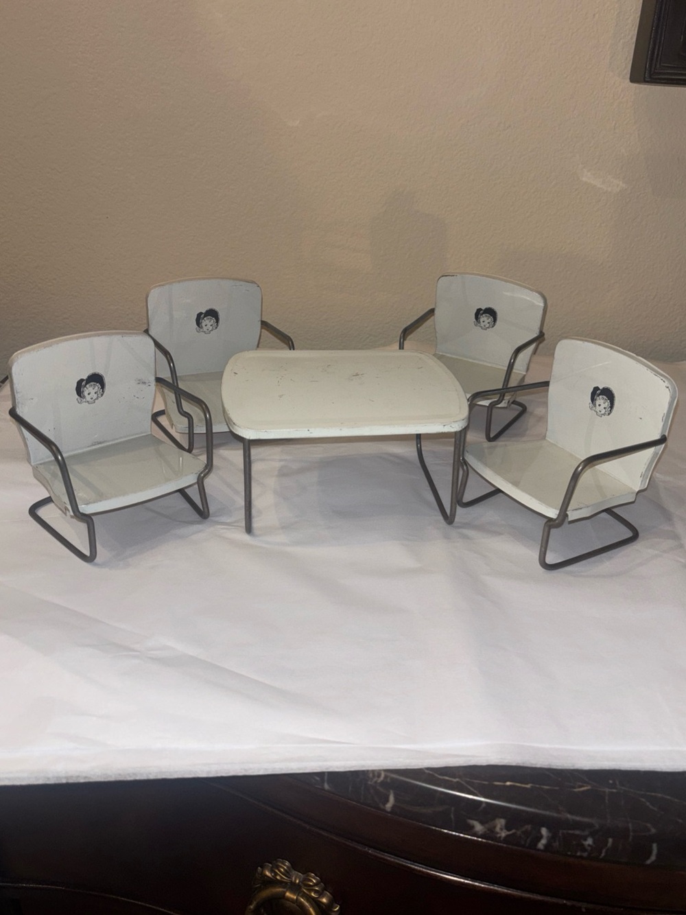 Vintage White Metal Doll Patio Set with Silhouette Chair Decals Red Bonnet